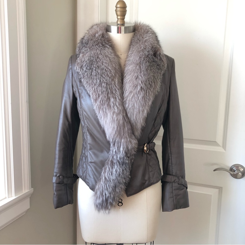 S’Max Mara Rabbit Fur Collar Leather Jacket Taupe Grey
